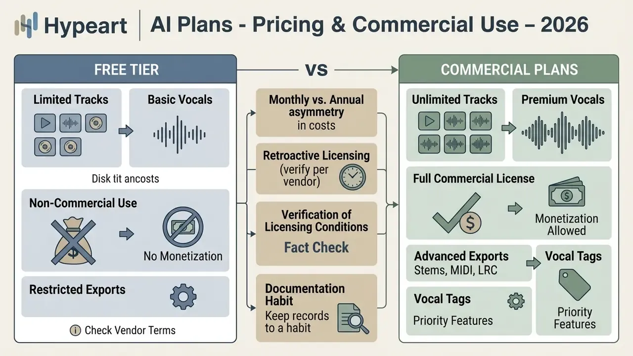 Comparison chart contrasting free tier limitations with commercial plan benefits and licensing requirements