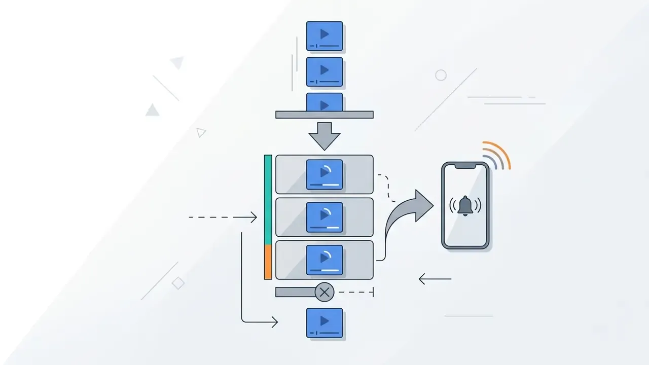 Three video icons in a queue leading to a mobile phone notification for OpenAI Sora video generation
