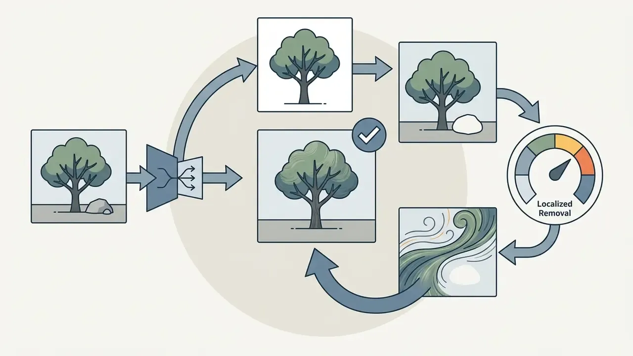 Diagram showing a tree image undergoing object removal and texture synthesis via a control gauge