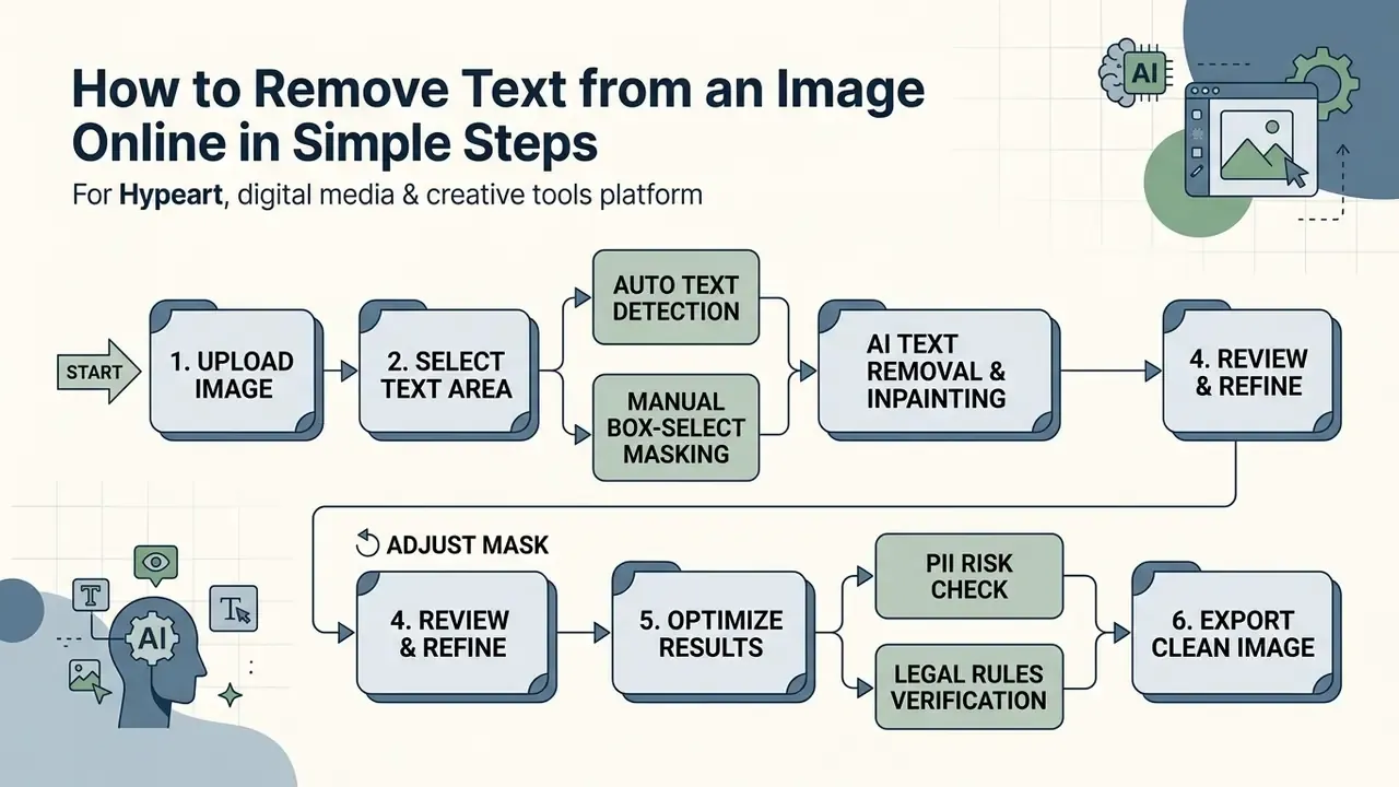 Flowchart detailing the six steps to remove text from an image using automated and manual tools