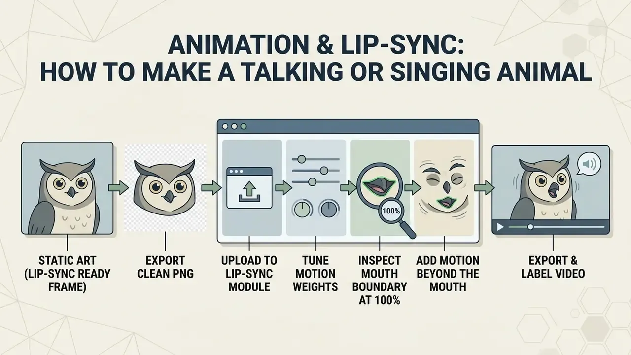 Step-by-step process diagram for animating a static owl image into a talking video