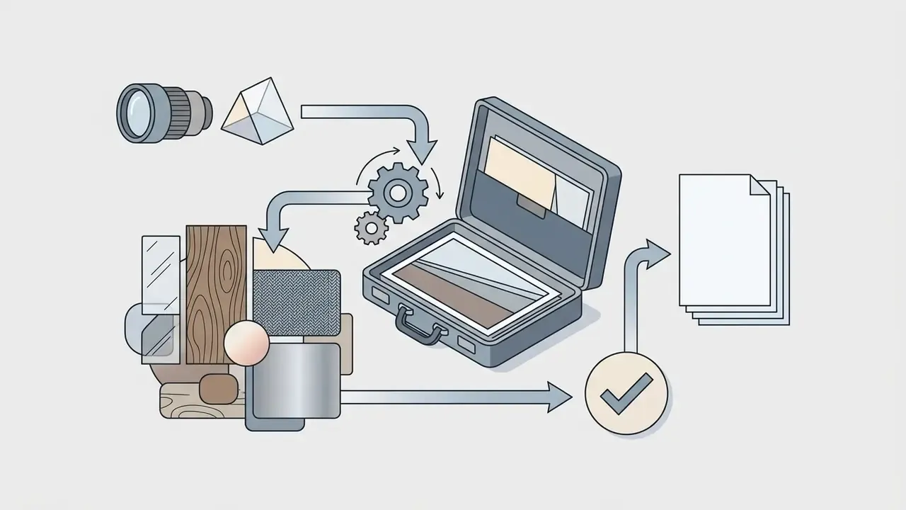 Lens and prism icons feeding into a gear system that processes textures and materials into a final report
