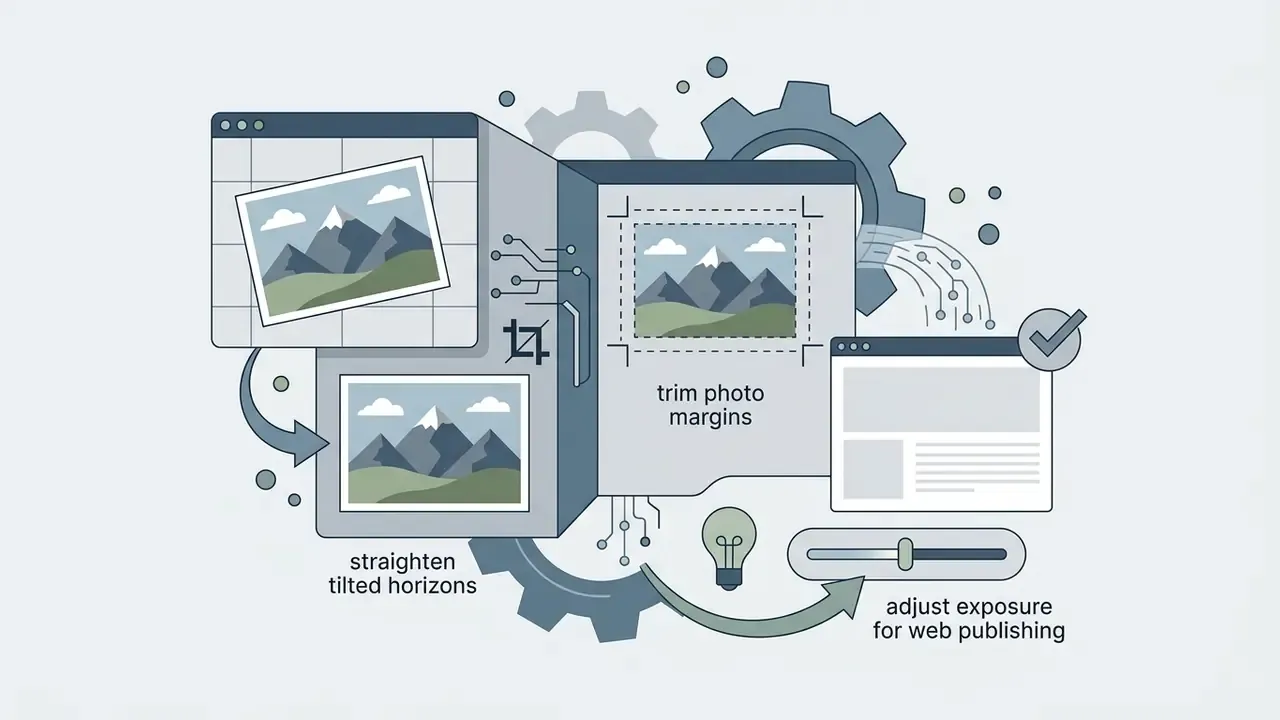 Tools to straighten tilted horizons, trim photo margins, and adjust exposure for web