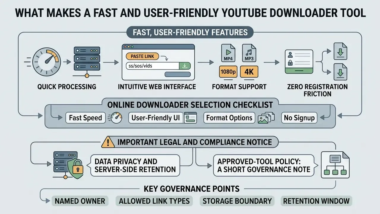 Infographic outlining features and compliance requirements for a YouTube video downloader free online