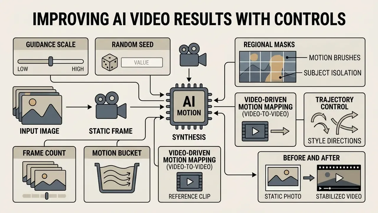 Diagram showing technical parameters like motion buckets and regional masks that influence AI synthesis