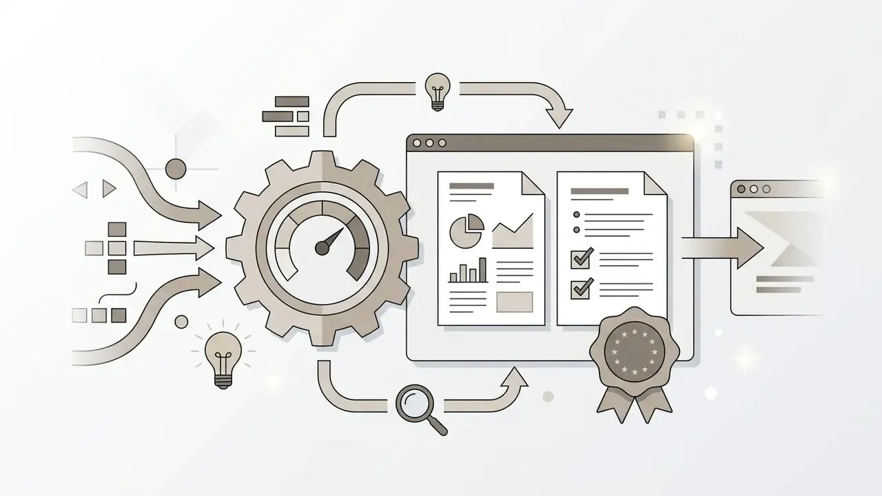 Data flowing through a gear and gauge into documents with a magnifying glass and a certification seal