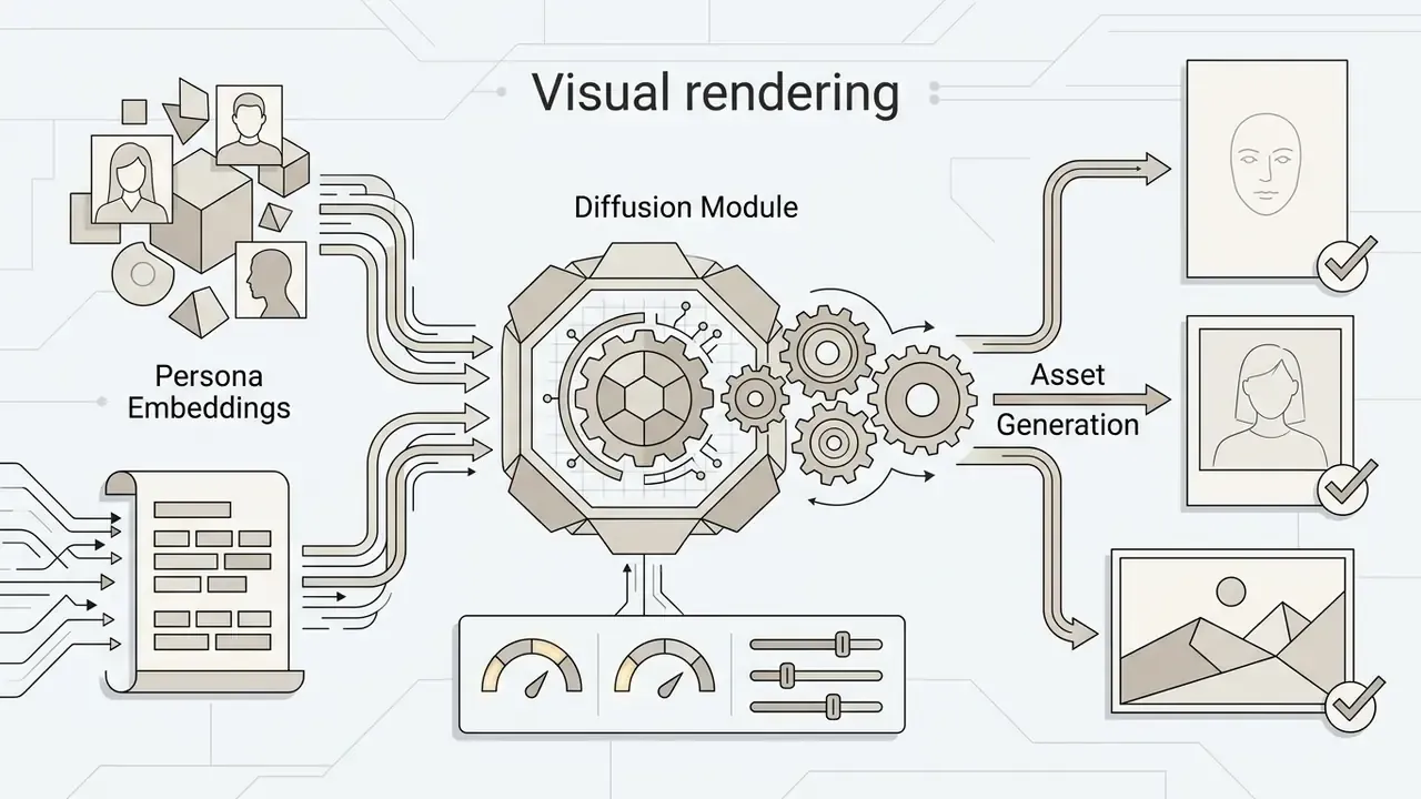 Persona embeddings and prompt inputs feeding a diffusion module to generate portrait and scene assets