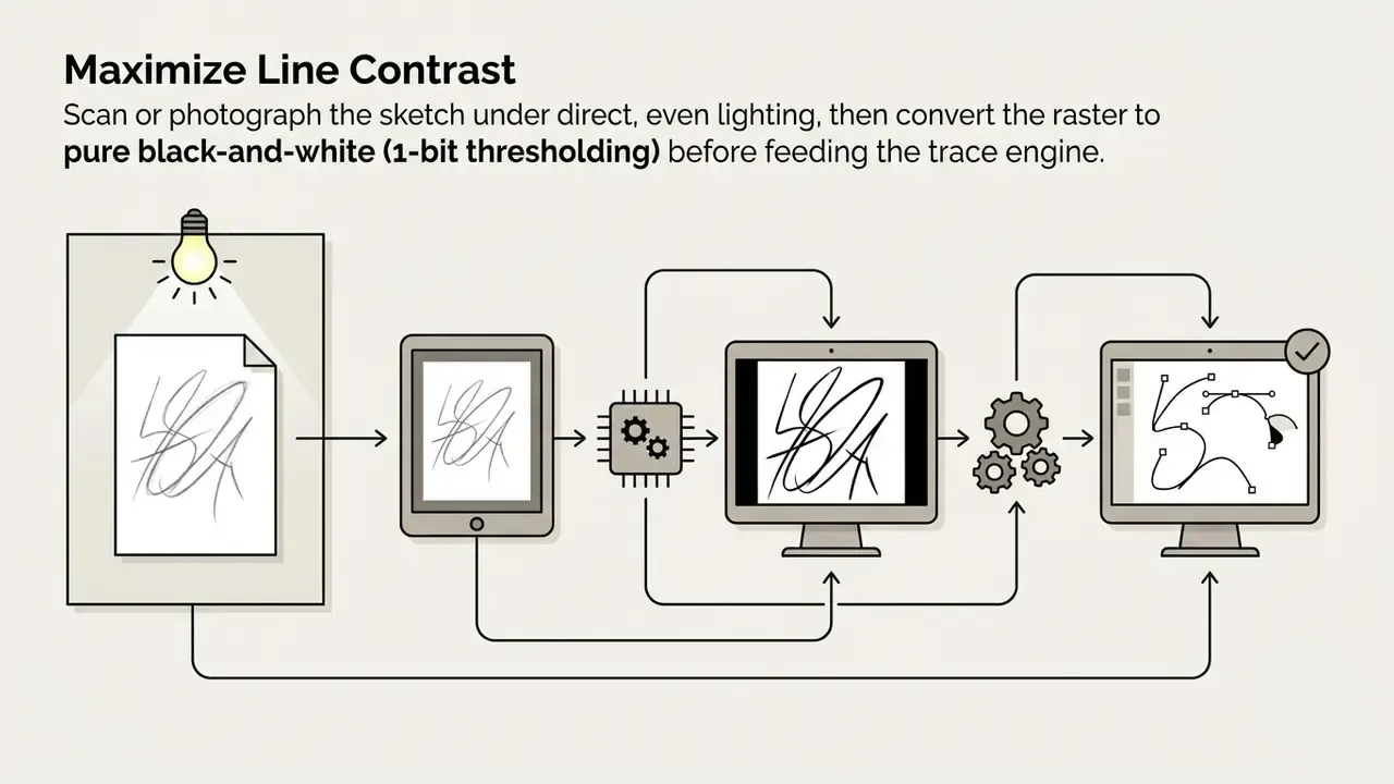 Hand-drawn sketch being scanned, processed by a computer chip, and converted into digital vector paths