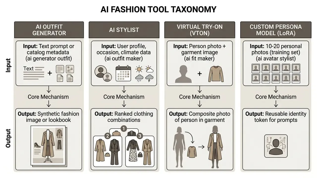 Four-column chart detailing the inputs and outputs for different AI fashion technology categories
