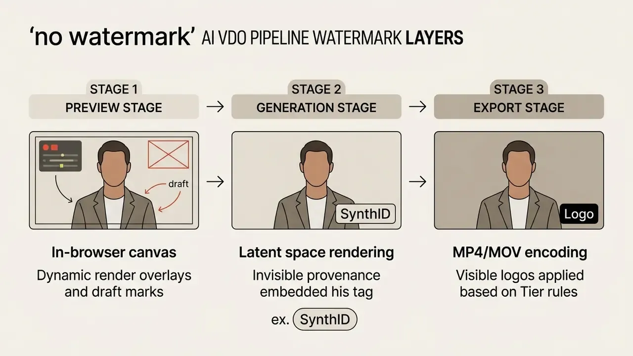 Diagram showing three stages of AI video production from preview to generation and final export