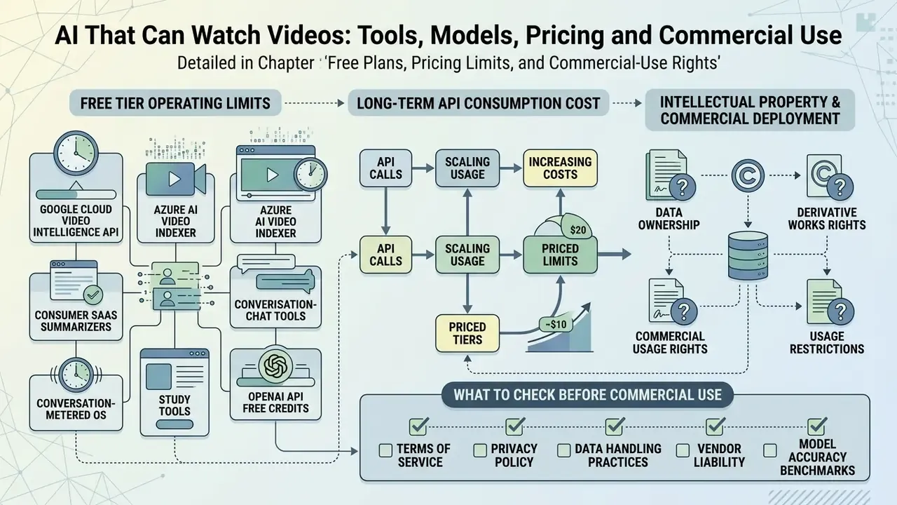 Flowchart outlining free AI video analysis tool limits, API costs, and commercial deployment considerations