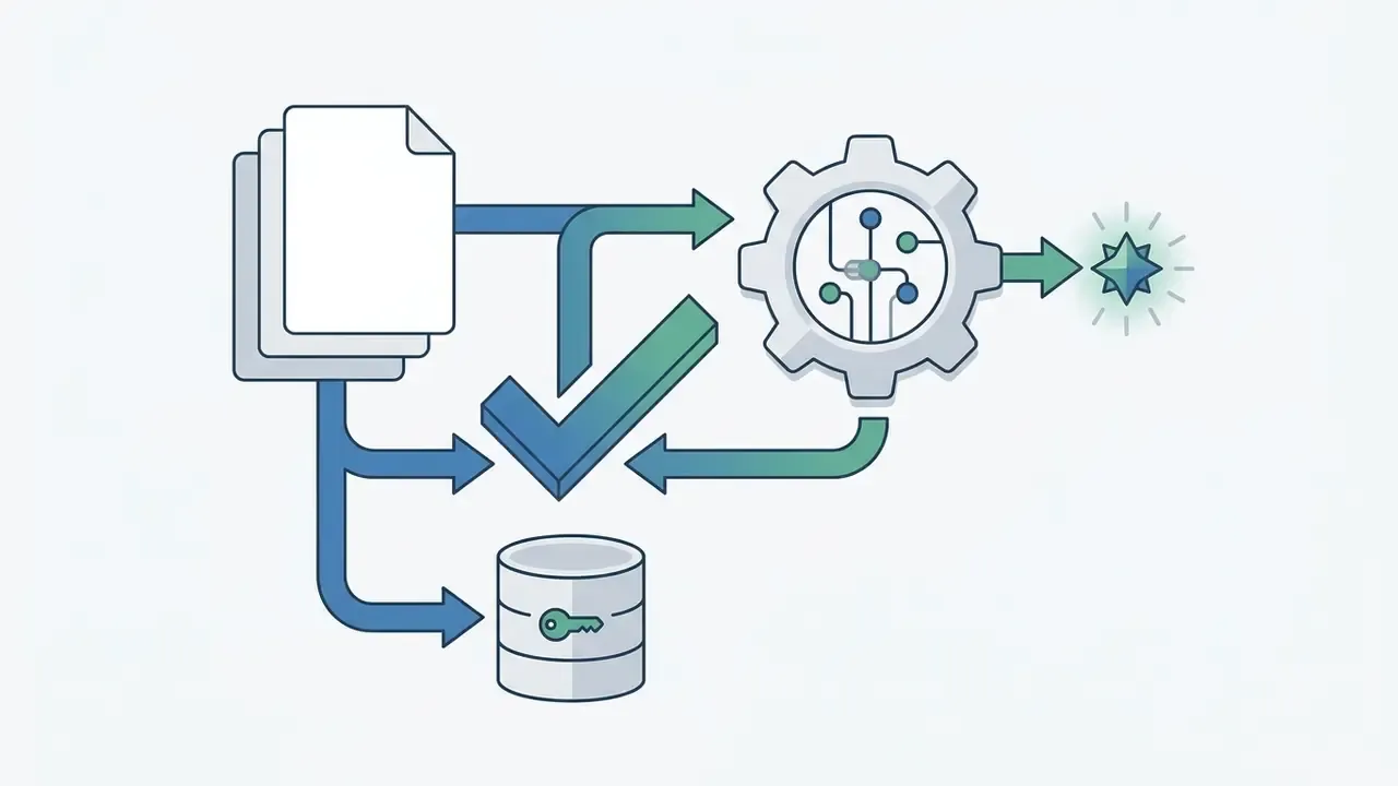 Documents flowing through a gear mechanism and a checkmark into a database with a key icon