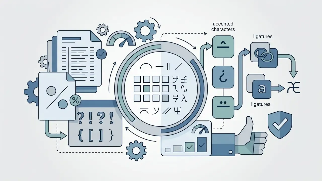 Magnifying glass over character symbols connected to accented characters, ligatures, and document icons