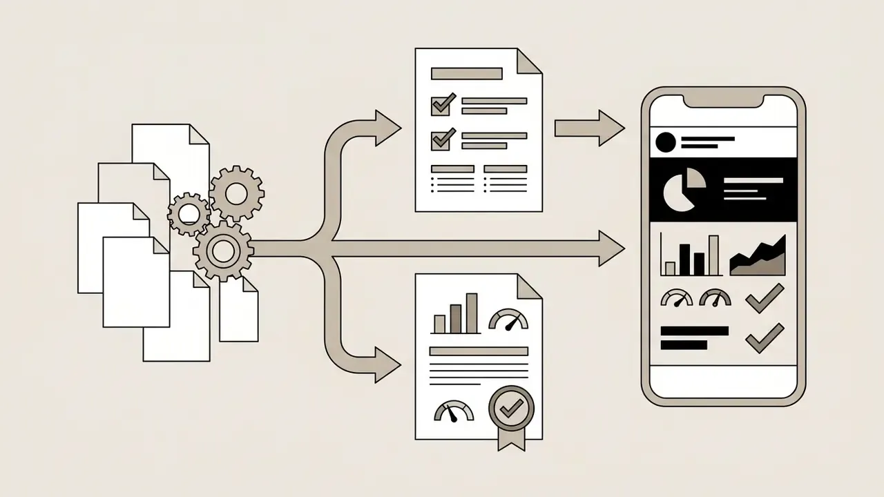 Documents processed by gears into reports and a mobile device displaying a vertical social media feed