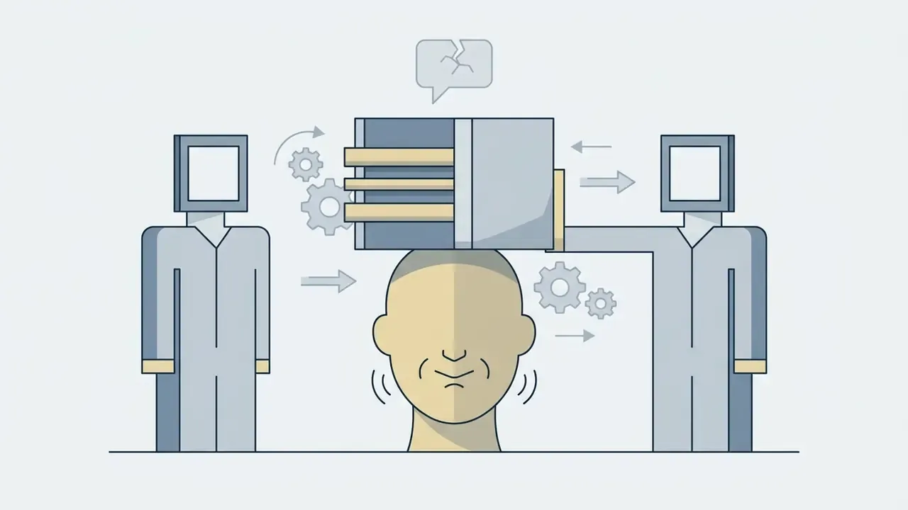 Two figures with monitor heads interacting with a human head and floating gears to process information