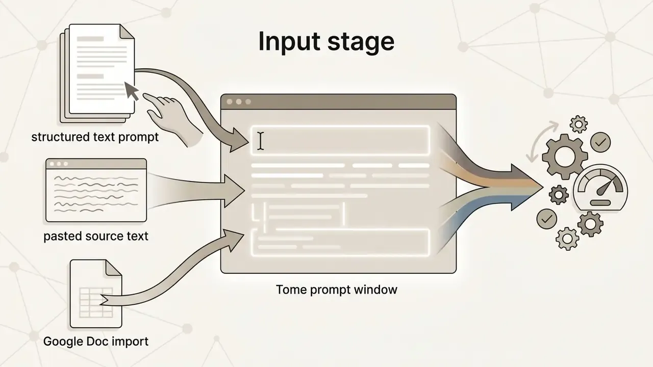 Arrows directing text prompts, source text, and document imports into a central prompt window for processing