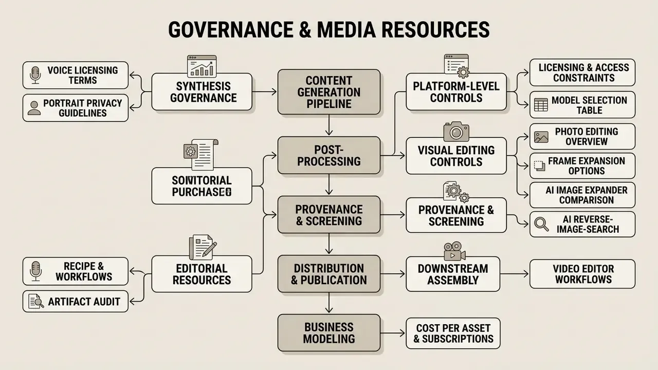 Flowchart outlining the governance stages and media tools for managing multi-modal content pipelines