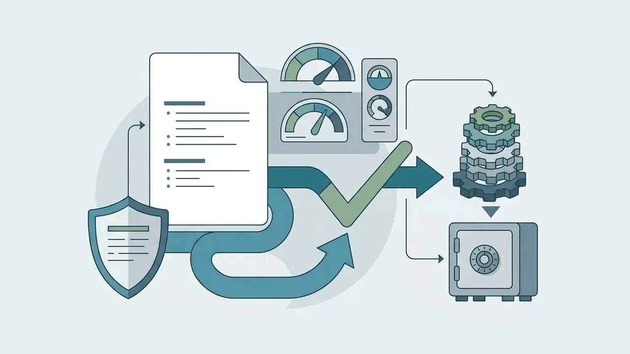 Document with a shield, gauges, and gears leading to a secure vault for AI quality and compliance testing