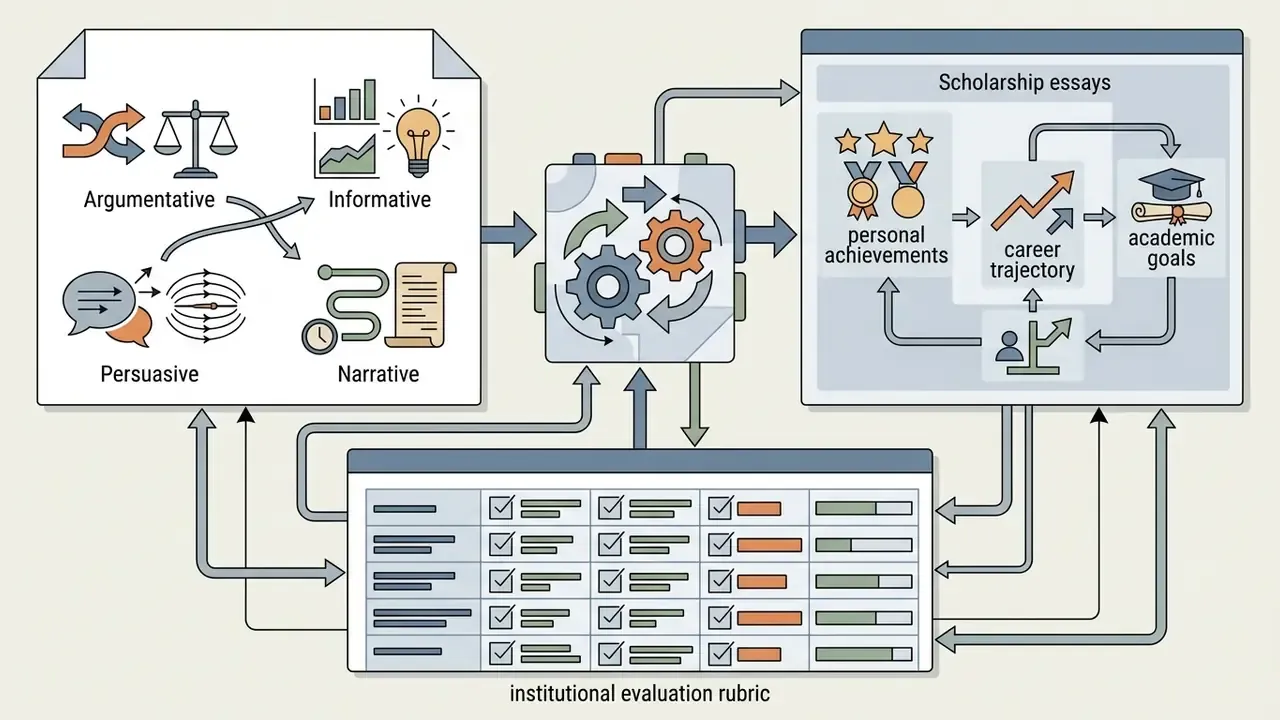 Essay types feeding into a central processor that integrates scholarship requirements and evaluation rubrics