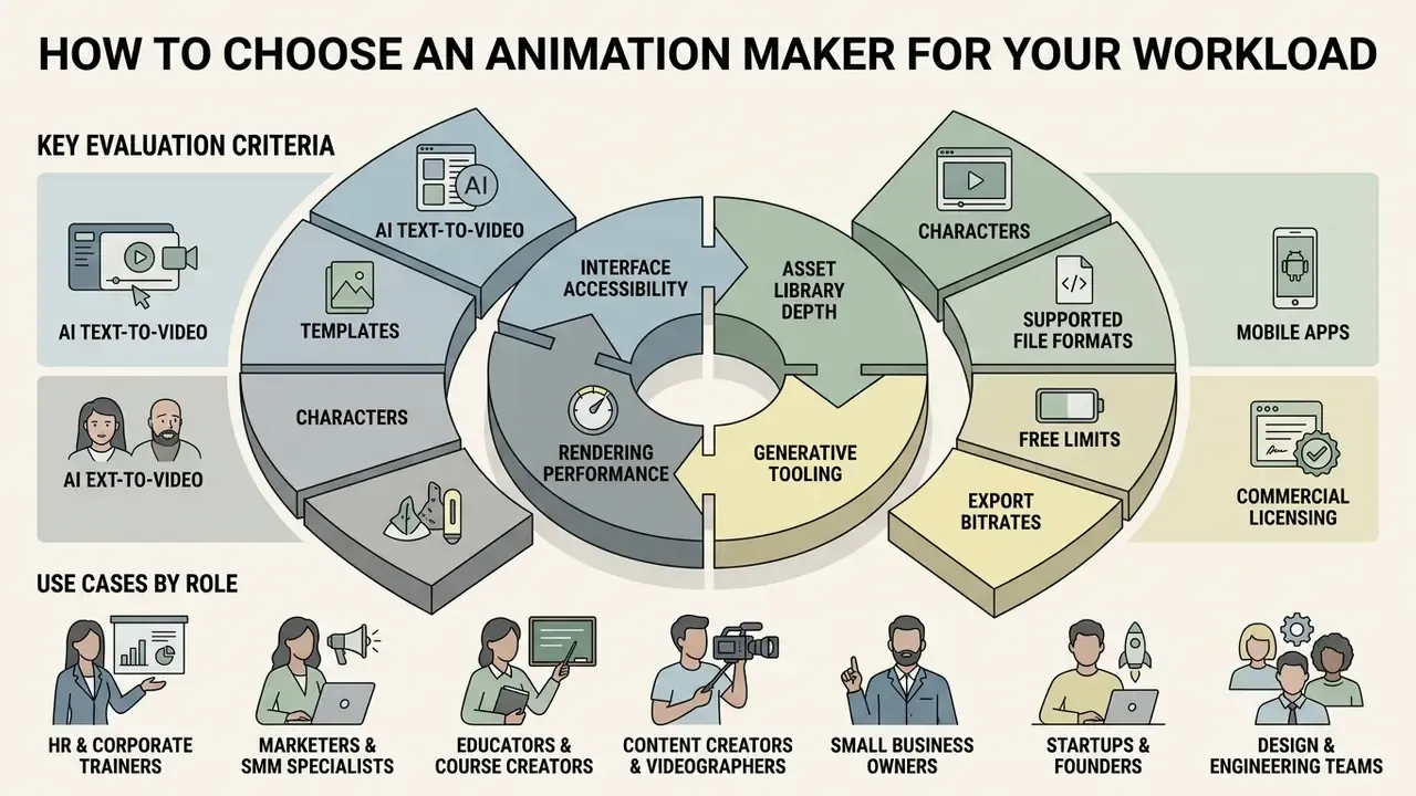 Circular diagram showing evaluation criteria for video software alongside icons for various professional roles