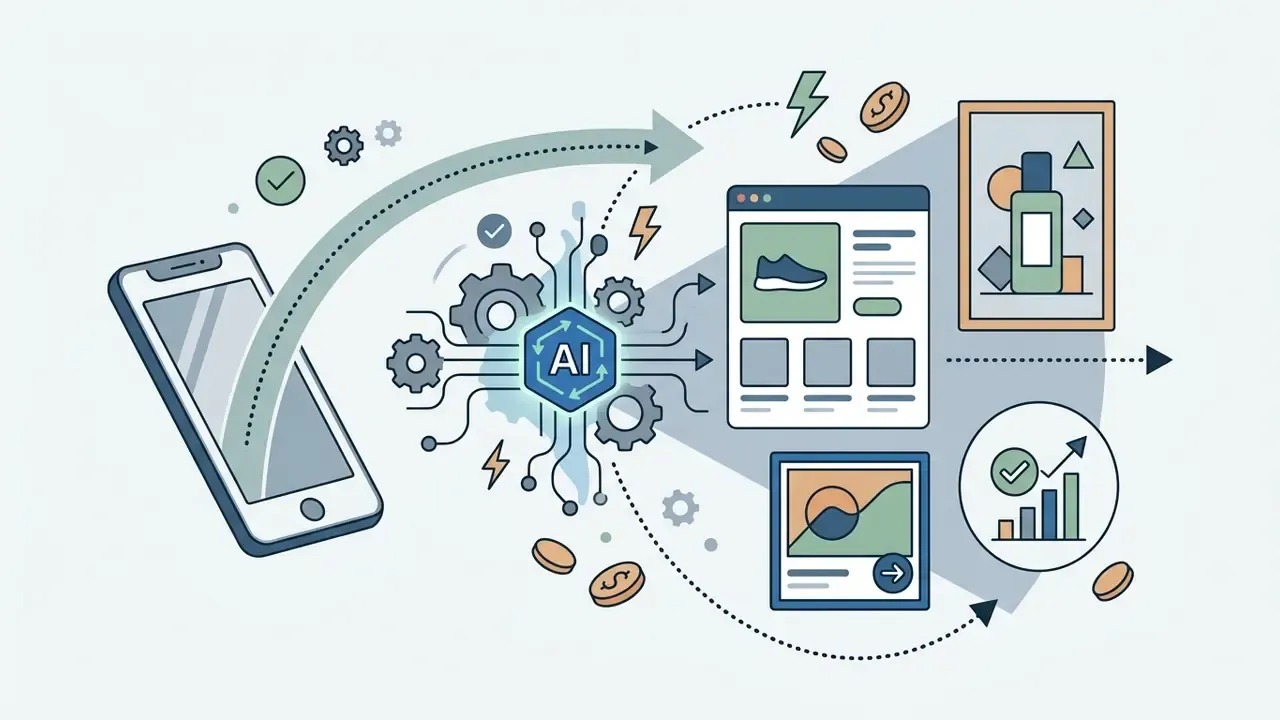Smartphone connected to an AI processor generating product images, store graphics, and sales charts