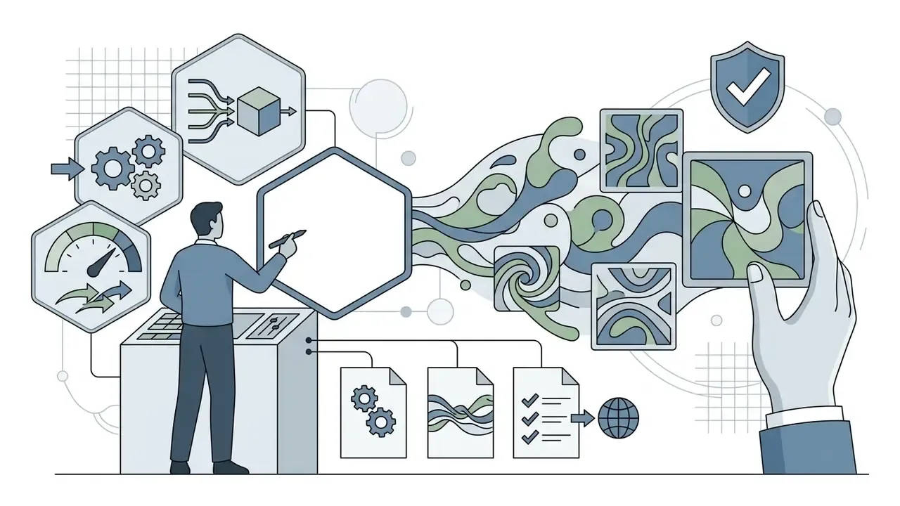 Person at a console managing creative inputs that flow into stylized artwork and final output documents