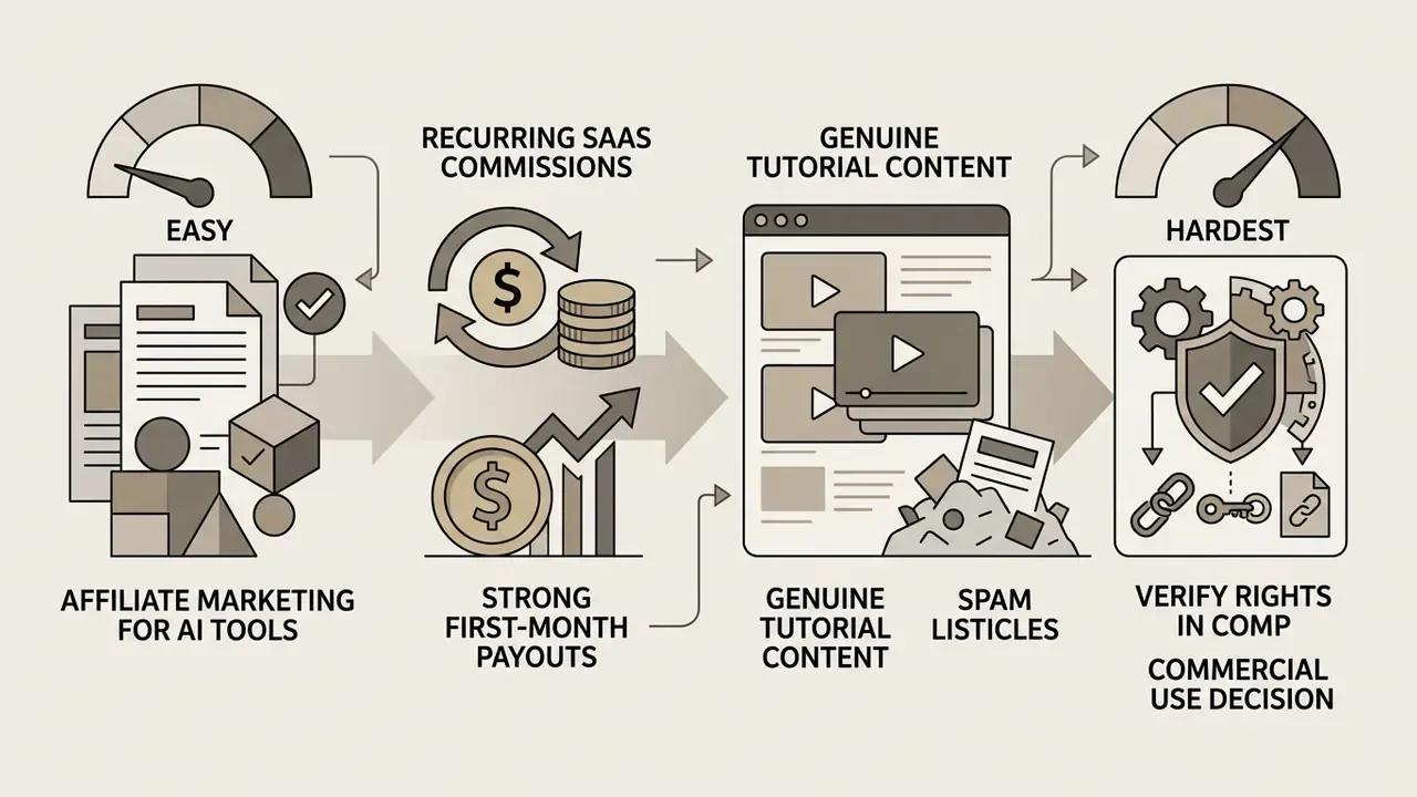Sequence showing affiliate marketing steps from easy SaaS commissions to complex commercial verification