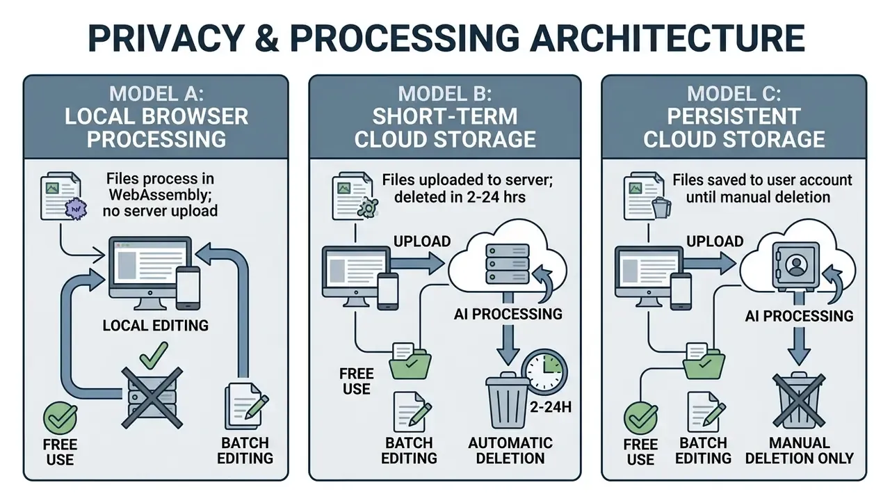 Diagram comparing three data processing models for file storage and deletion during image editing