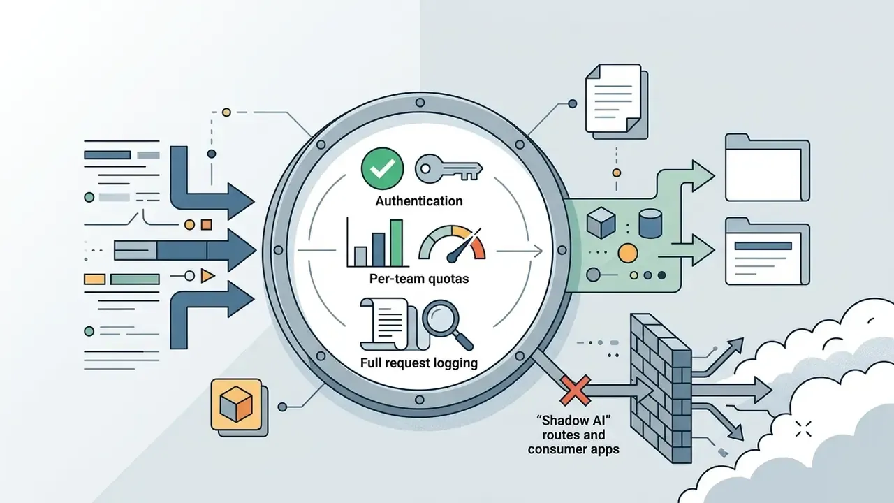 Central gateway hub managing API authentication, quotas, and logging while blocking unauthorized traffic
