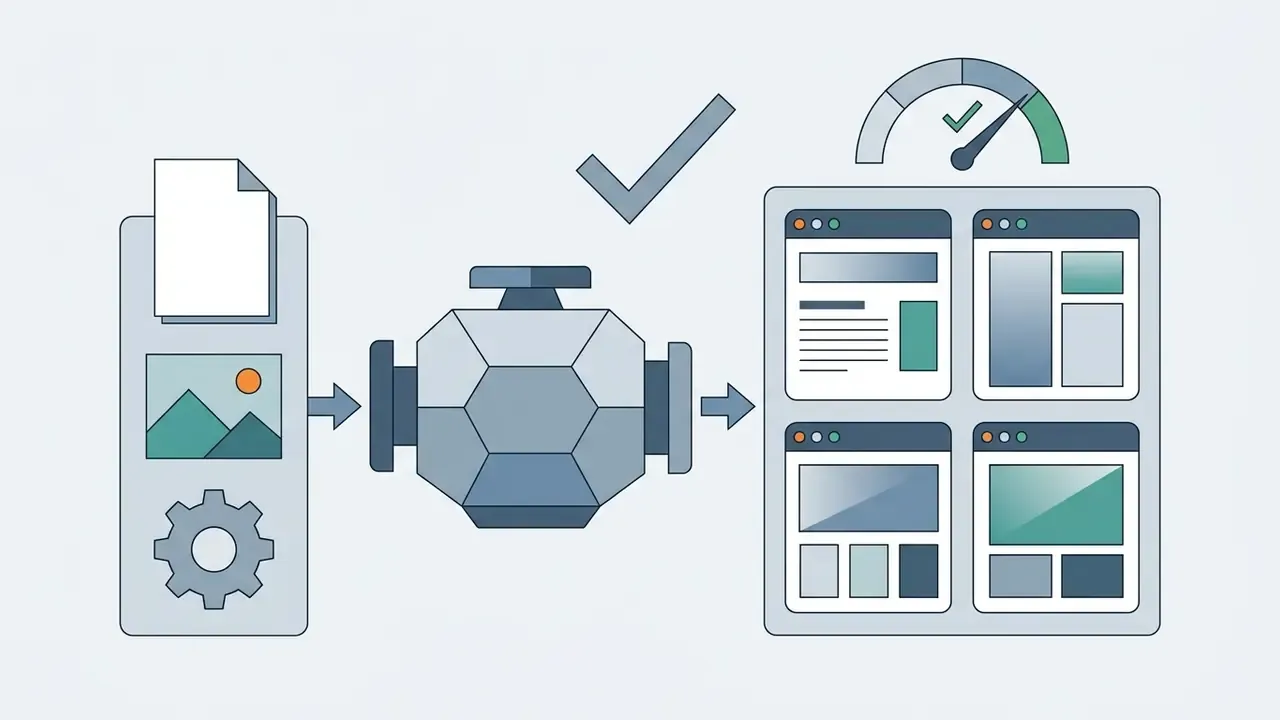 Inputs feeding into a central engine to produce four distinct document layouts with a speed gauge