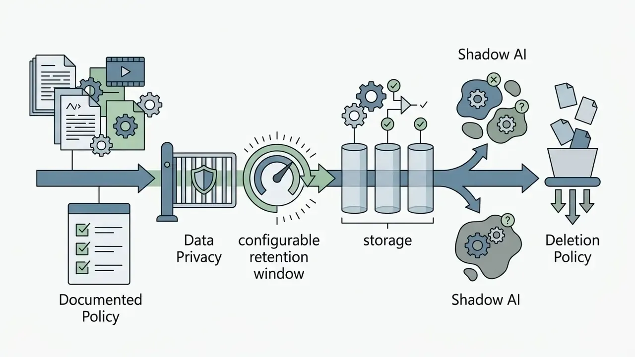 Data processing path showing policy, privacy gates, storage, Shadow AI risks, and final deletion