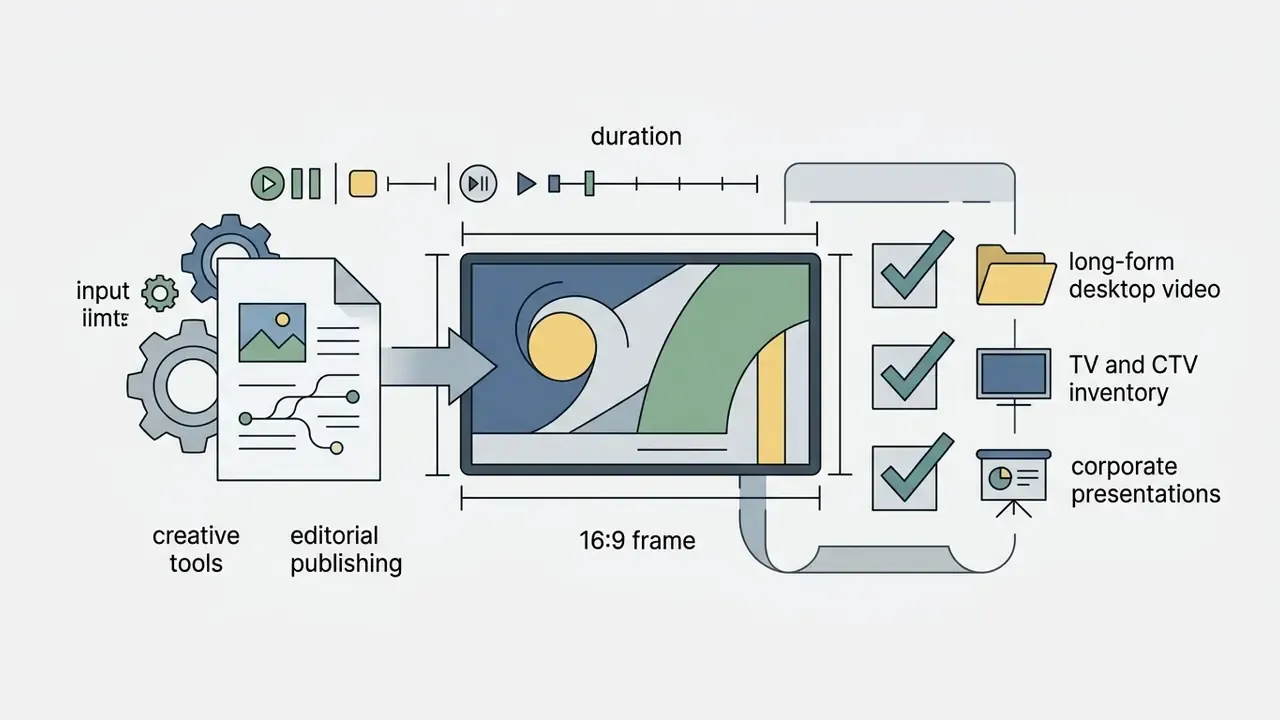 Document with gears feeding into a 16:9 frame and a checklist for various video output formats