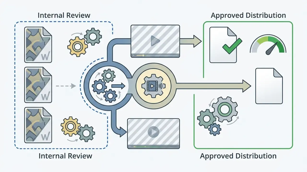 Watermarked documents flowing through gears into video players and clean files for distribution