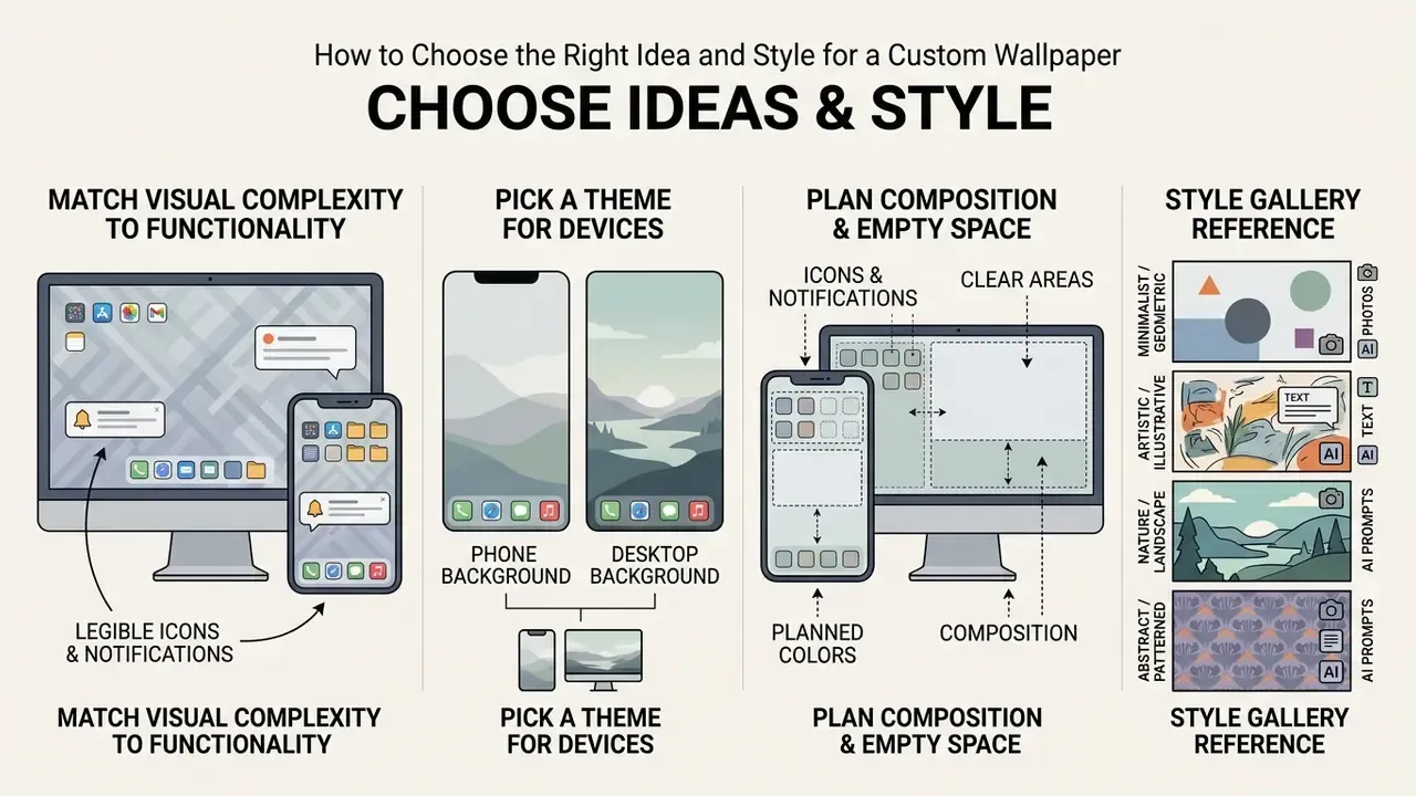 Infographic showing how to balance visual complexity, device themes, and empty space for custom wallpaper
