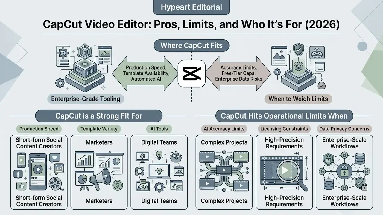 Summary of CapCut Video Editor pros, operational limits, and target user groups for digital teams