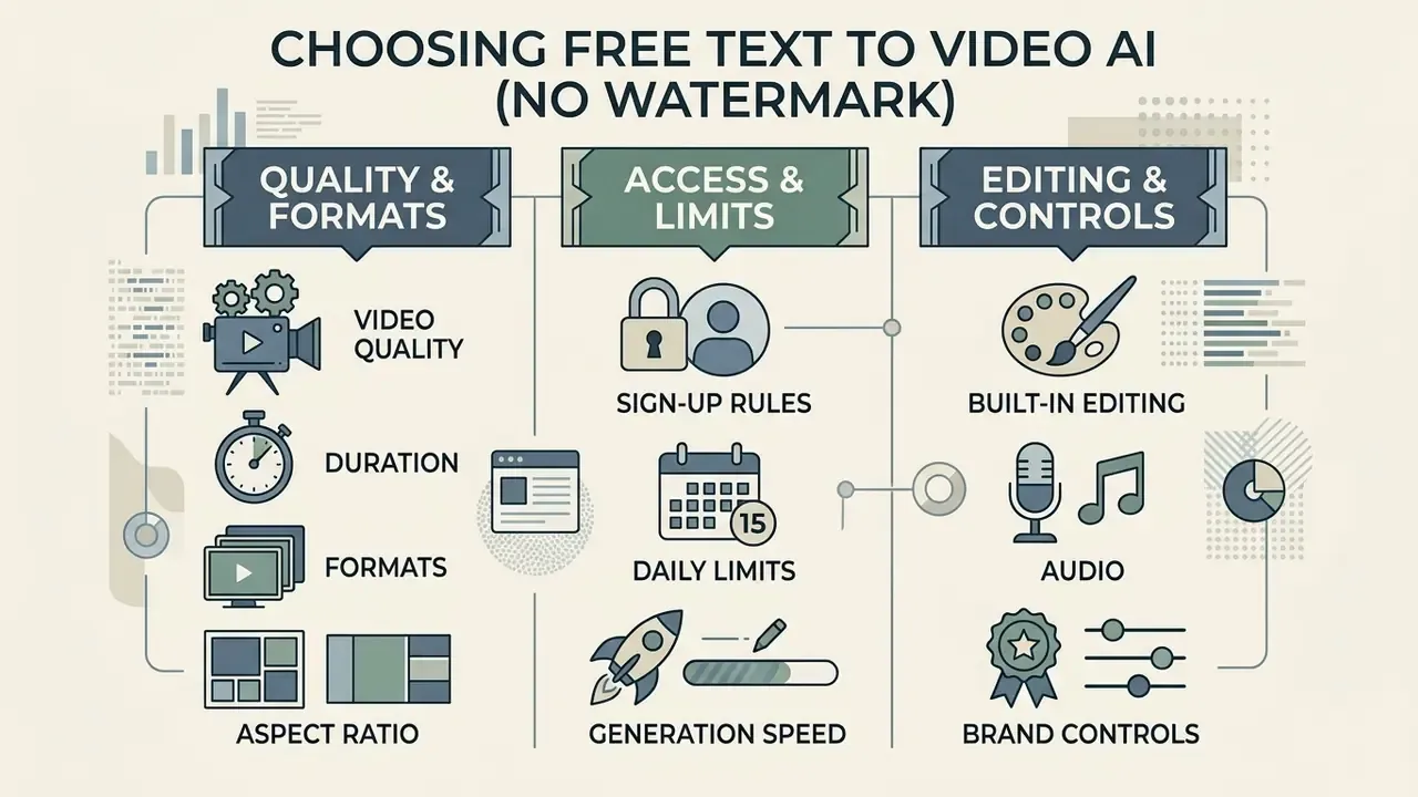 Diagram categorizing essential features for selecting a text to video AI tool without a watermark
