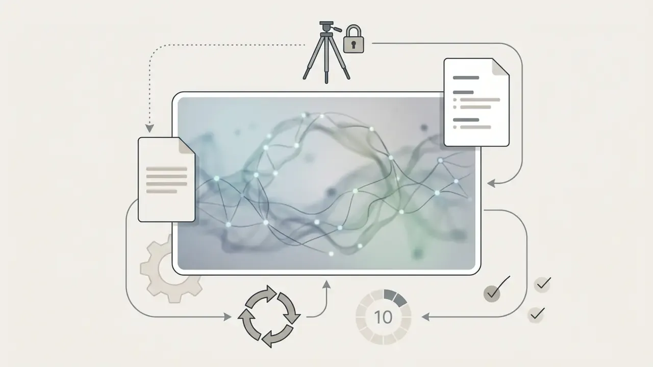 Camera tripod and documents feeding into a digital mesh display with looping and timing icons