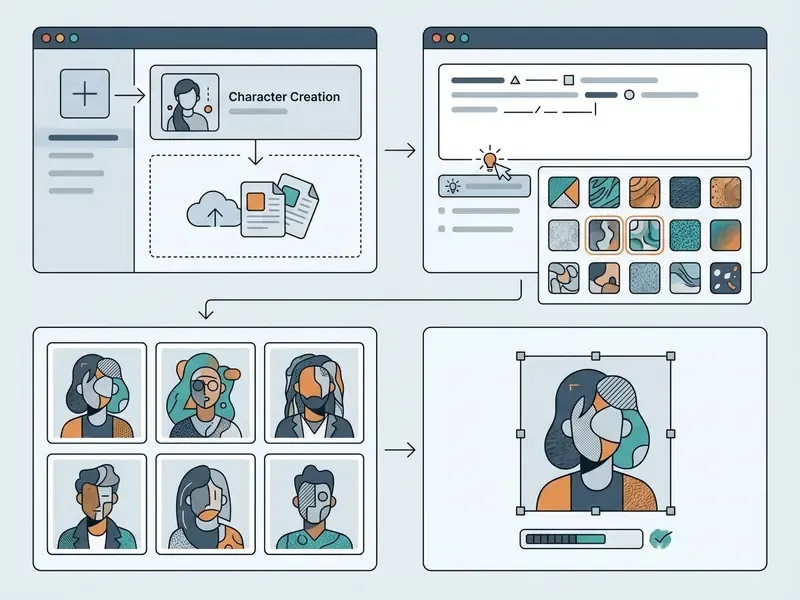 Four-step sequence for generating Poly AI character avatars from prompt input to final image cropping