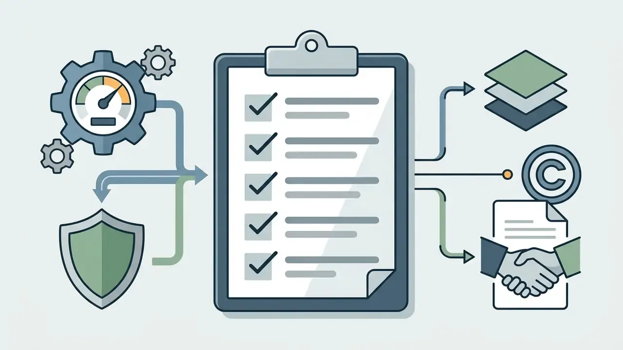 Checklist linked to a gauge, shield, layered documents, copyright symbol, and a handshake icon