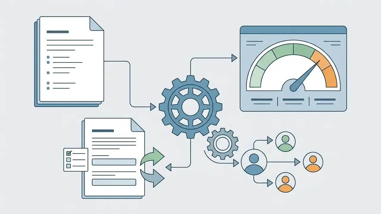 Documents and prompt forms feeding into a central gear system that outputs a gauge and user profile tree