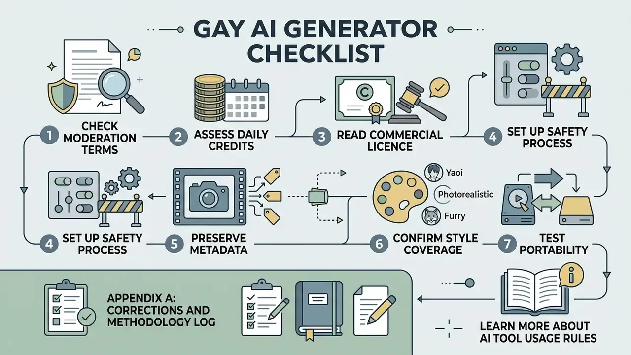 Sequential steps for evaluating AI tools including moderation, credits, licensing, and style coverage