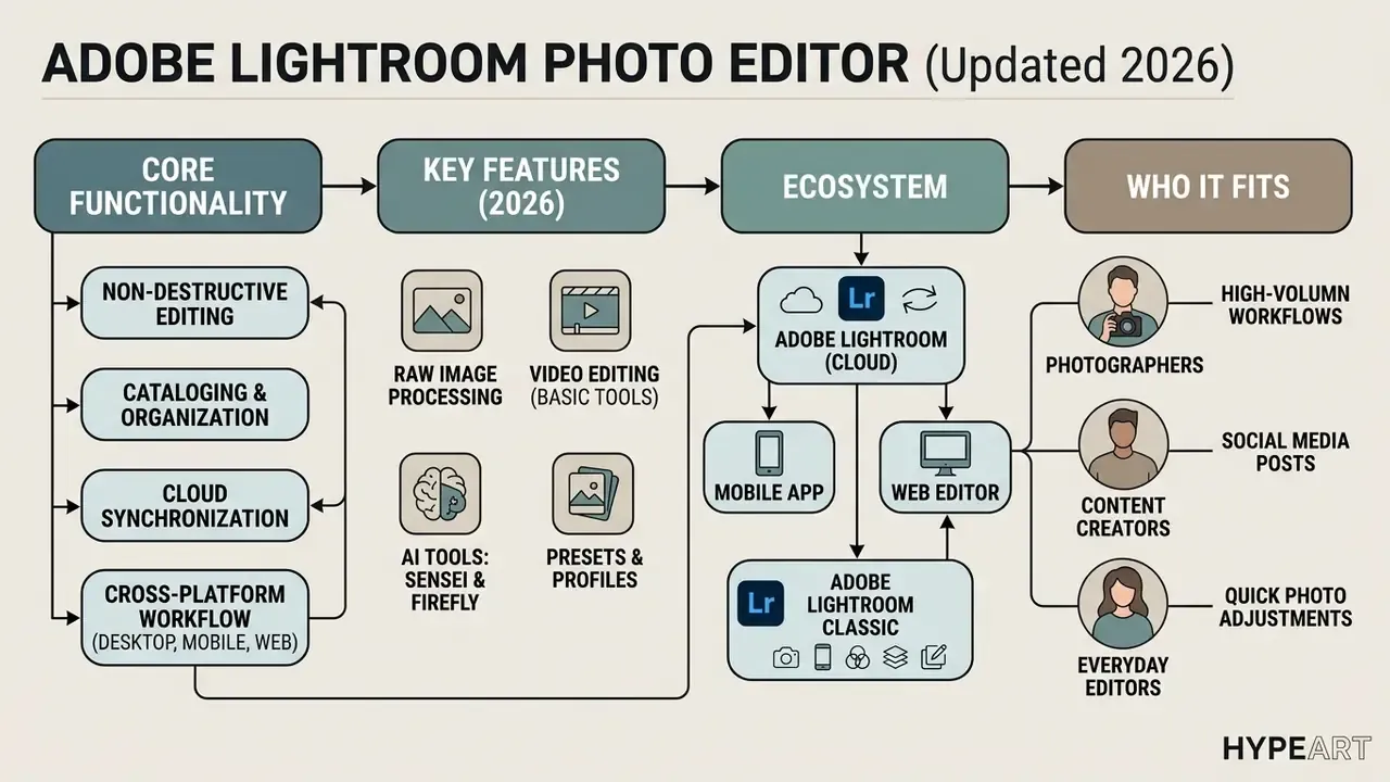 Diagram showing Adobe Lightroom Photo Editor core functions, key features, ecosystem, and target users