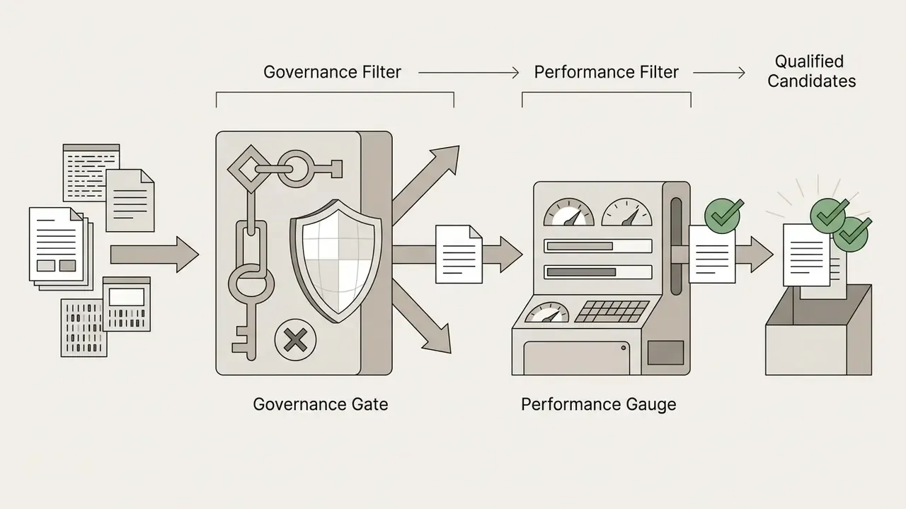 Sequential process where documents pass through a governance gate and performance gauge to reach approval