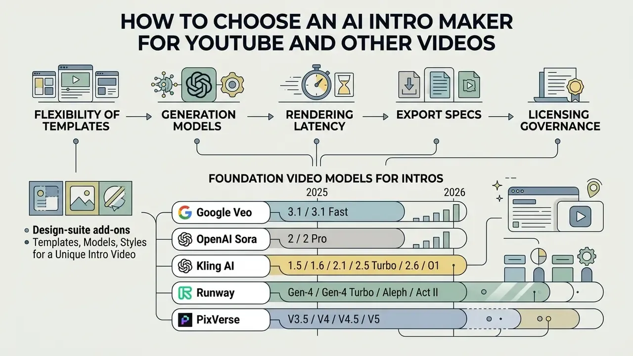 Infographic outlining key evaluation criteria for selecting an AI intro generator and comparing video models
