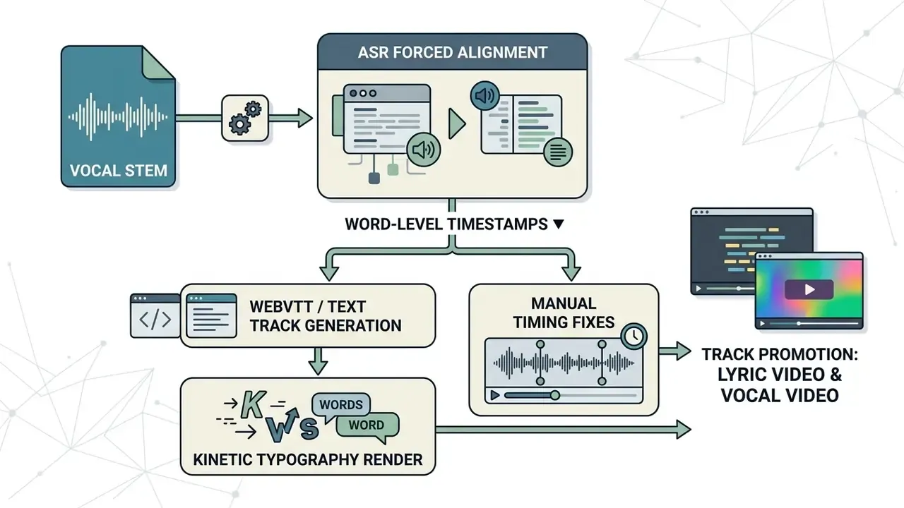 Workflow diagram showing vocal stem processing through forced alignment to kinetic typography and manual edits