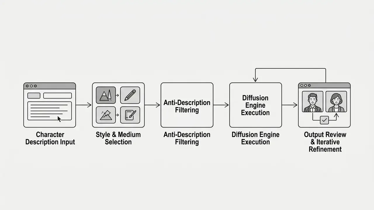 Step-by-step diagram showing the generation process from text input to iterative output review
