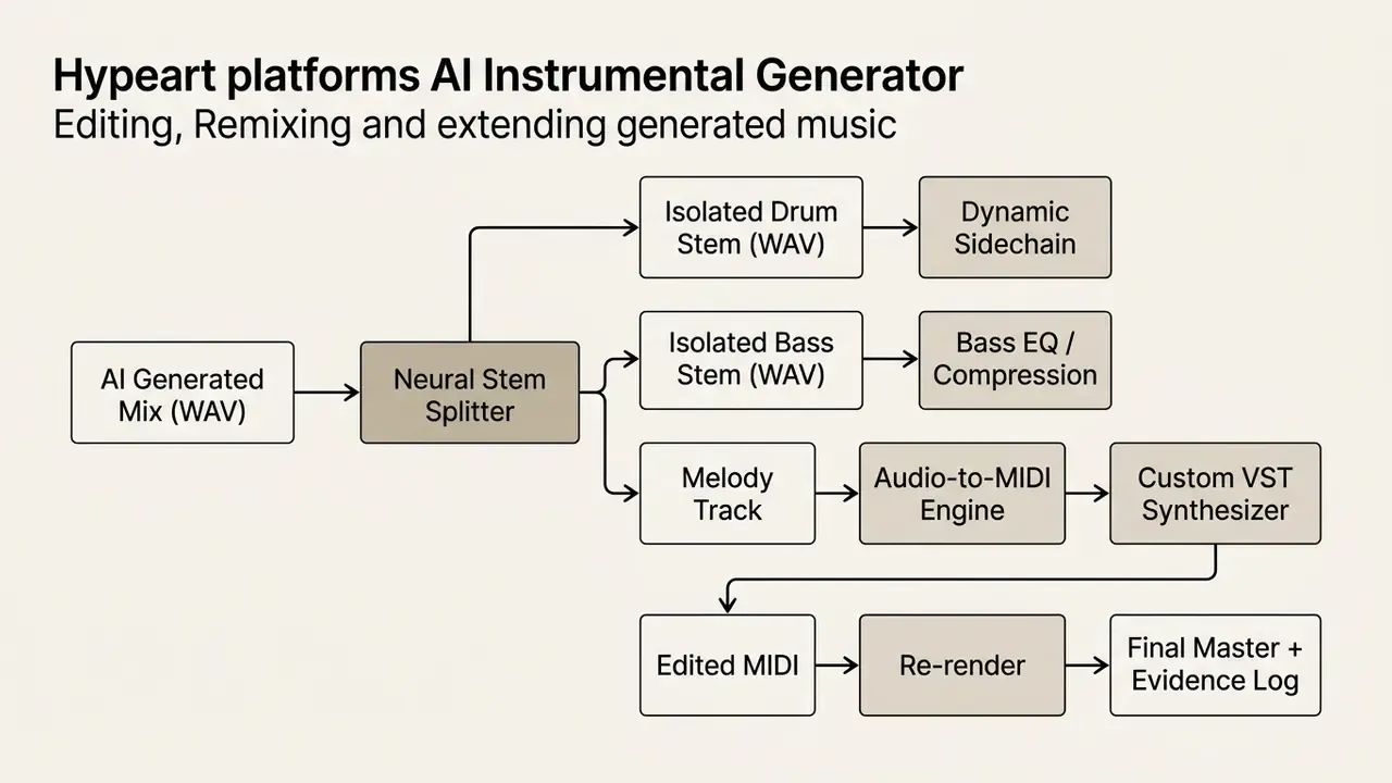 Process flow showing neural stem splitting of audio into drum, bass, and melody tracks for MIDI editing