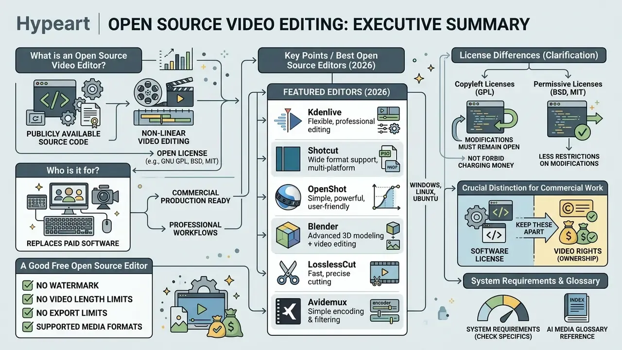 Infographic explaining open source video editor concepts, license types, and popular software examples