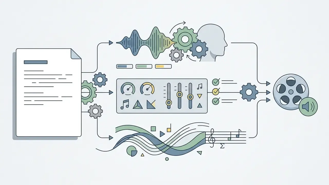 Text document feeding into audio synthesis, mixing consoles, and musical notation to generate video files