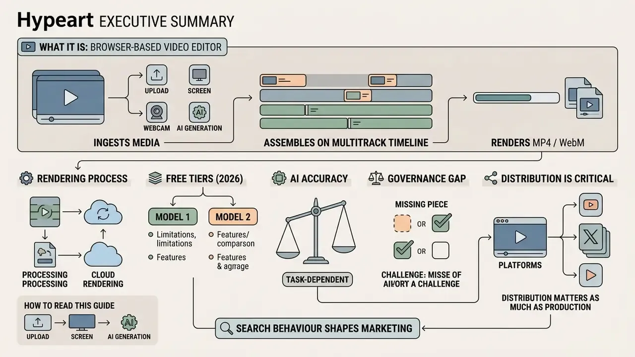 Infographic showing how a browser-based video maker ingests media, edits on a timeline, and handles distribution